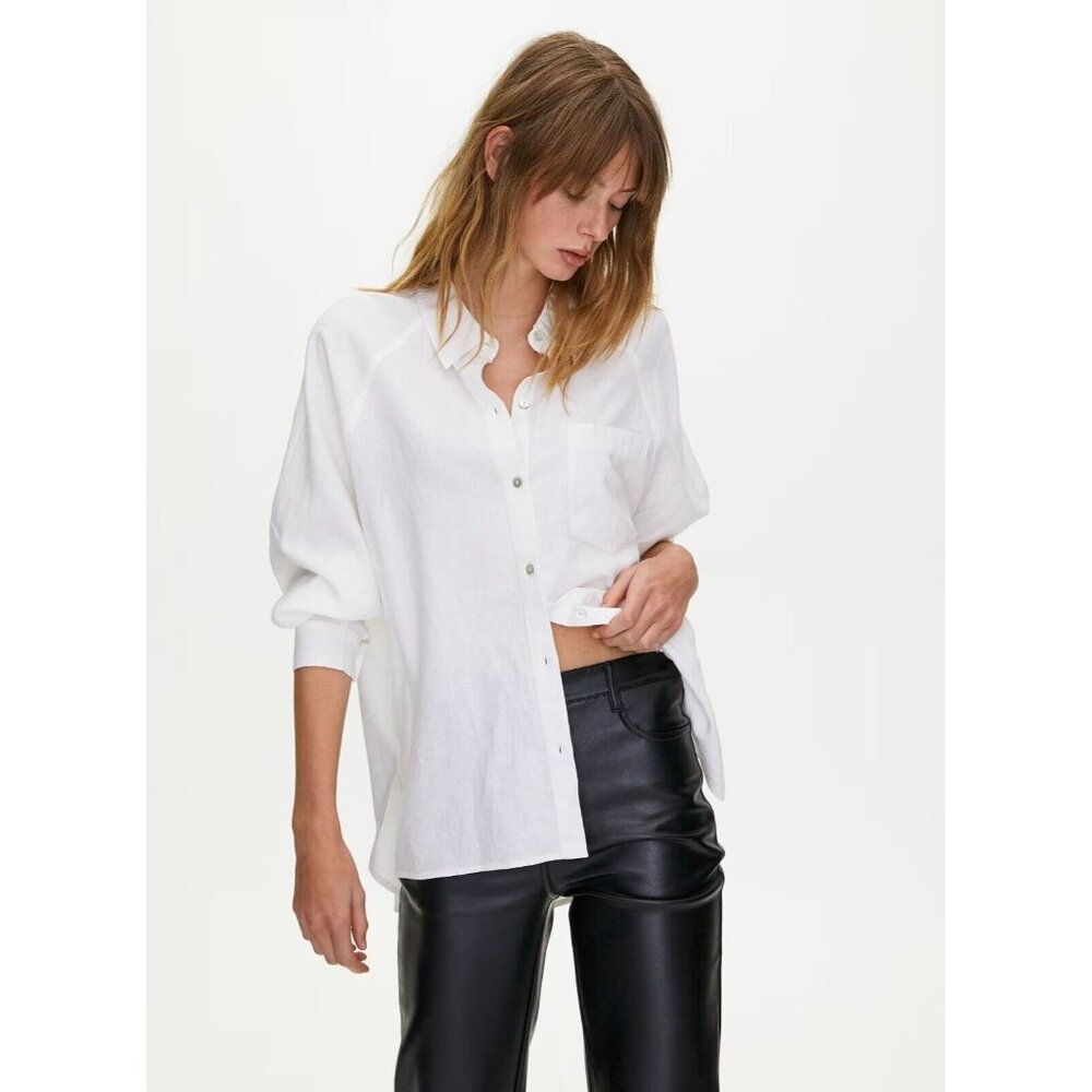 Aritzia WILFRED FREE Light Blue Linen Boyfriend Button-Up Shirt Blouse, Size XS - Picture 14 of 15